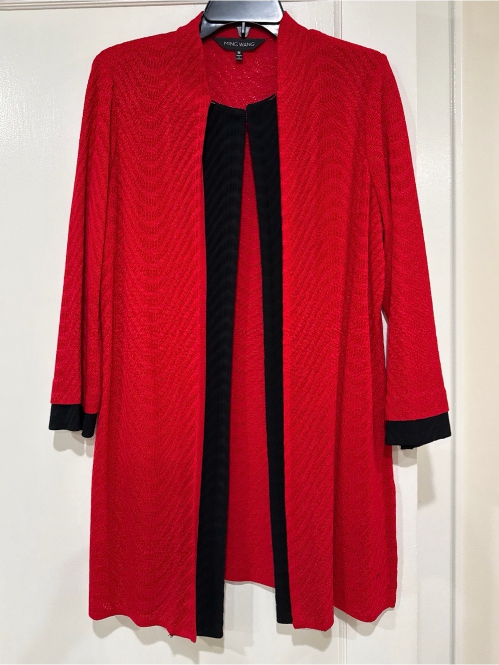 Ming Wang Red Open-Front Knit Drape Cardigan with Black Trim